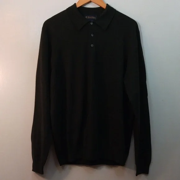 Brooks Brothers Green Fine Italian Merino Wool Long Sleeve Polo Shirt  (Large) - Picture 9 of 11